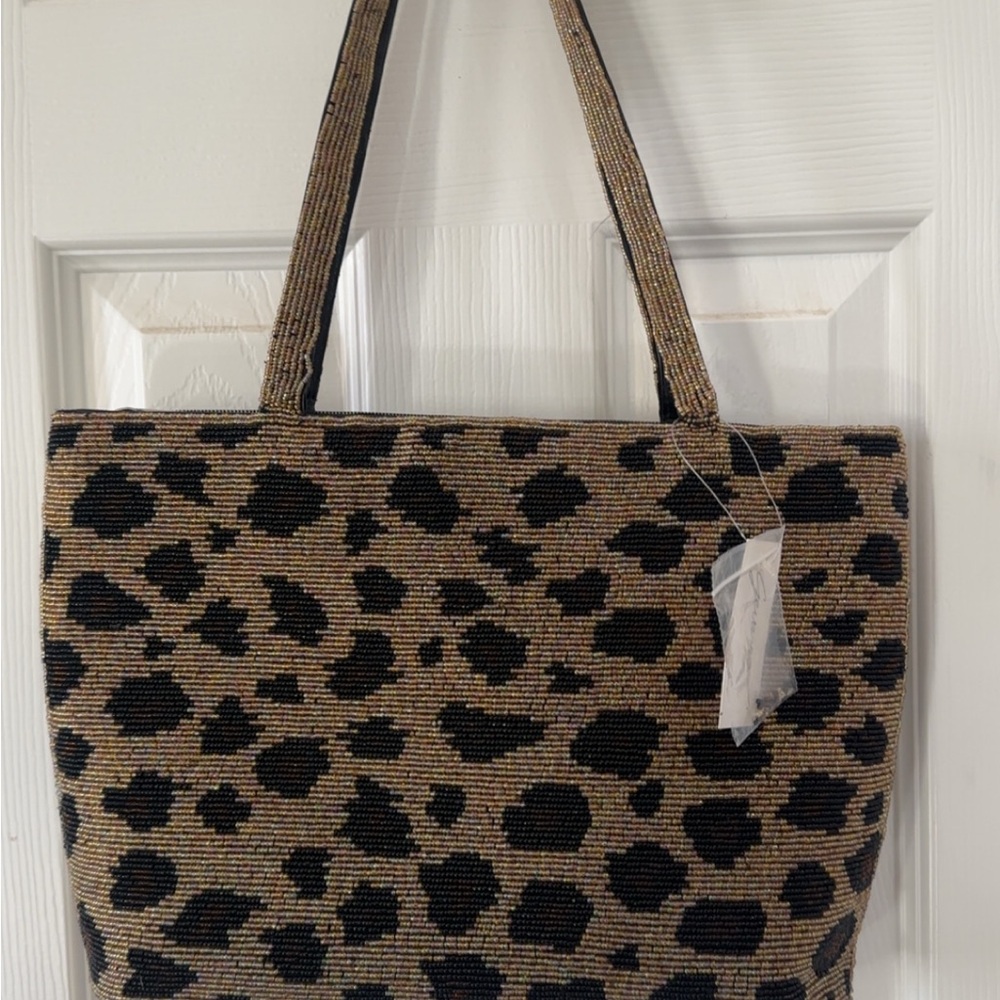 Leopard Print Beaded Tote Bag - Black and Tan